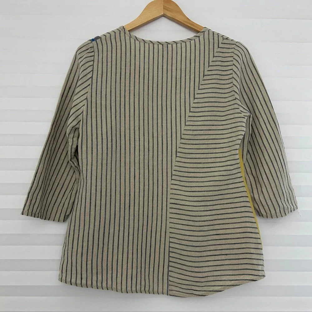 Khangura Womens 100% Linen Striped Color Block V-Neck 3/4 Sleeve Top S‎ Artistic